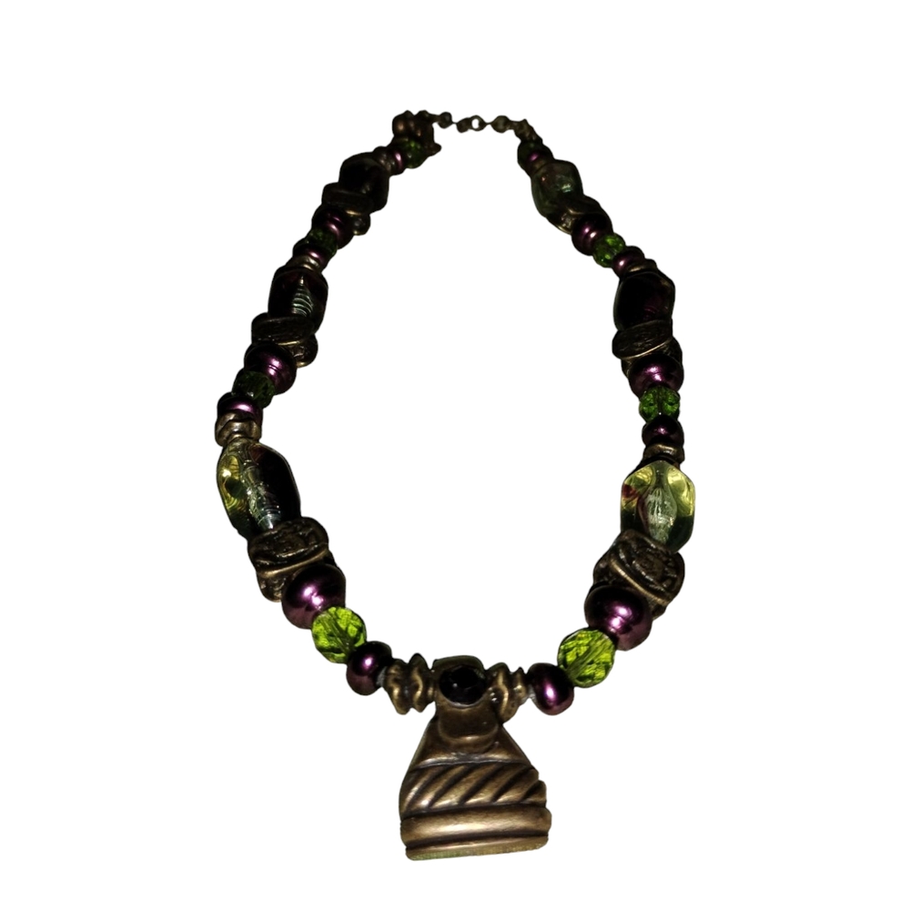 Elegant Beaded Necklace with Bronze and Green Accents